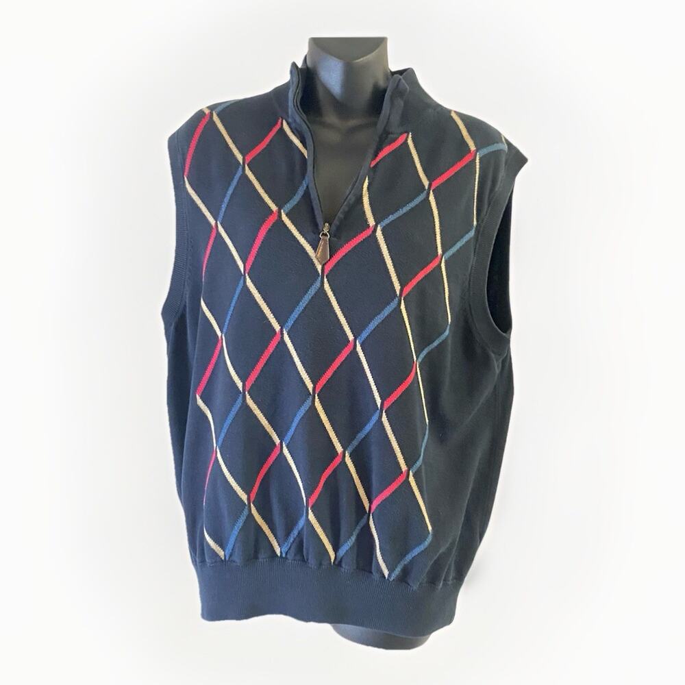 St Andrews Scotland Sweater Vest 1/4 Zip Black Argyle Mens XL Cotton Knit Golf